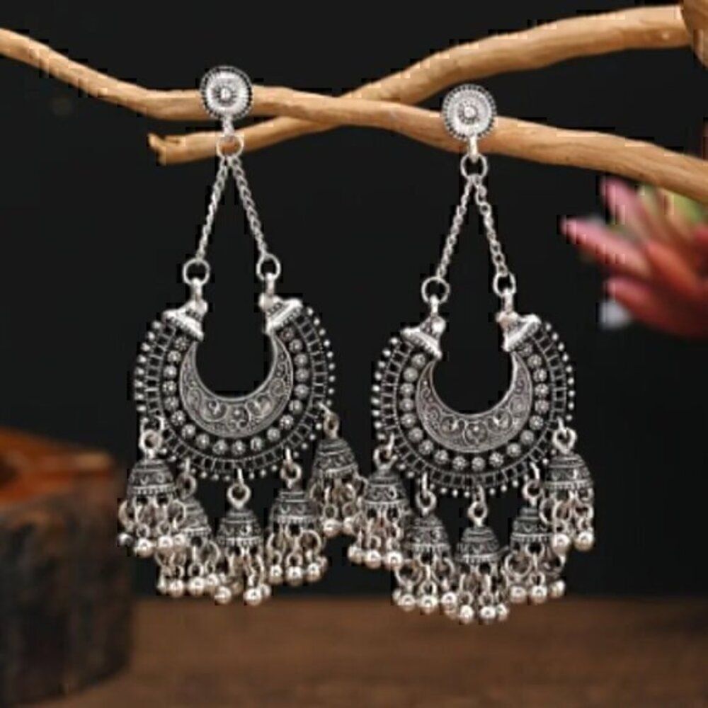 Silver Bohemian Bell Pendant Dangle Earrings Alloy Jewelry Bollywood